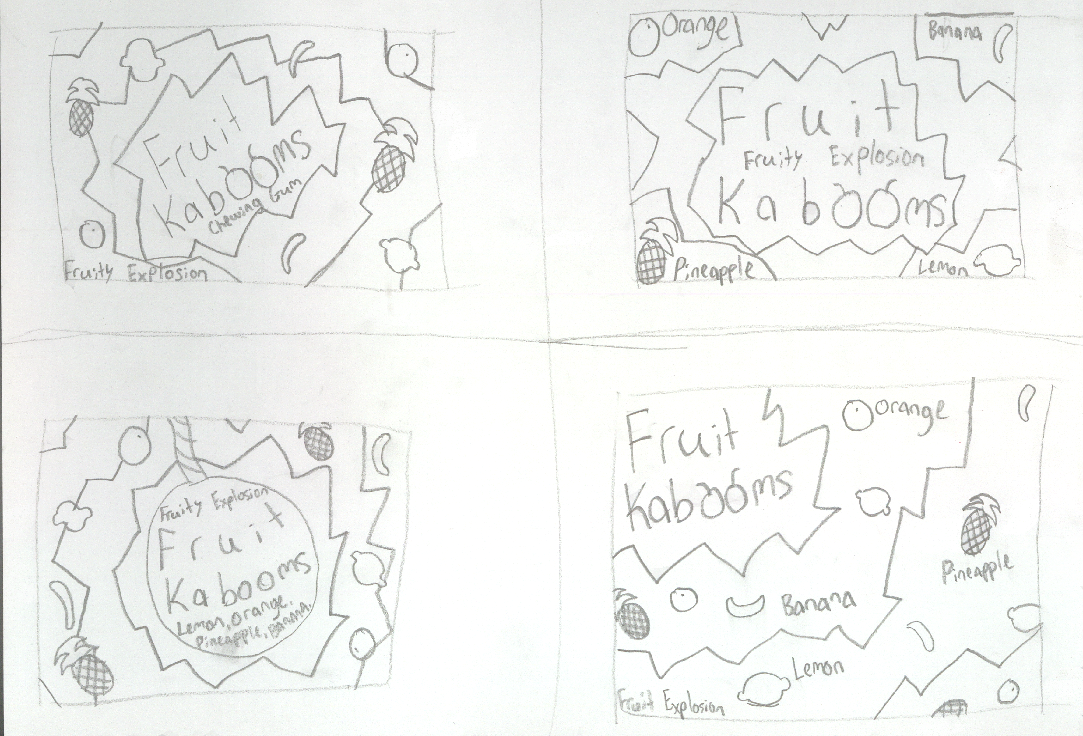 Hand-drawn sketches for a gum package.